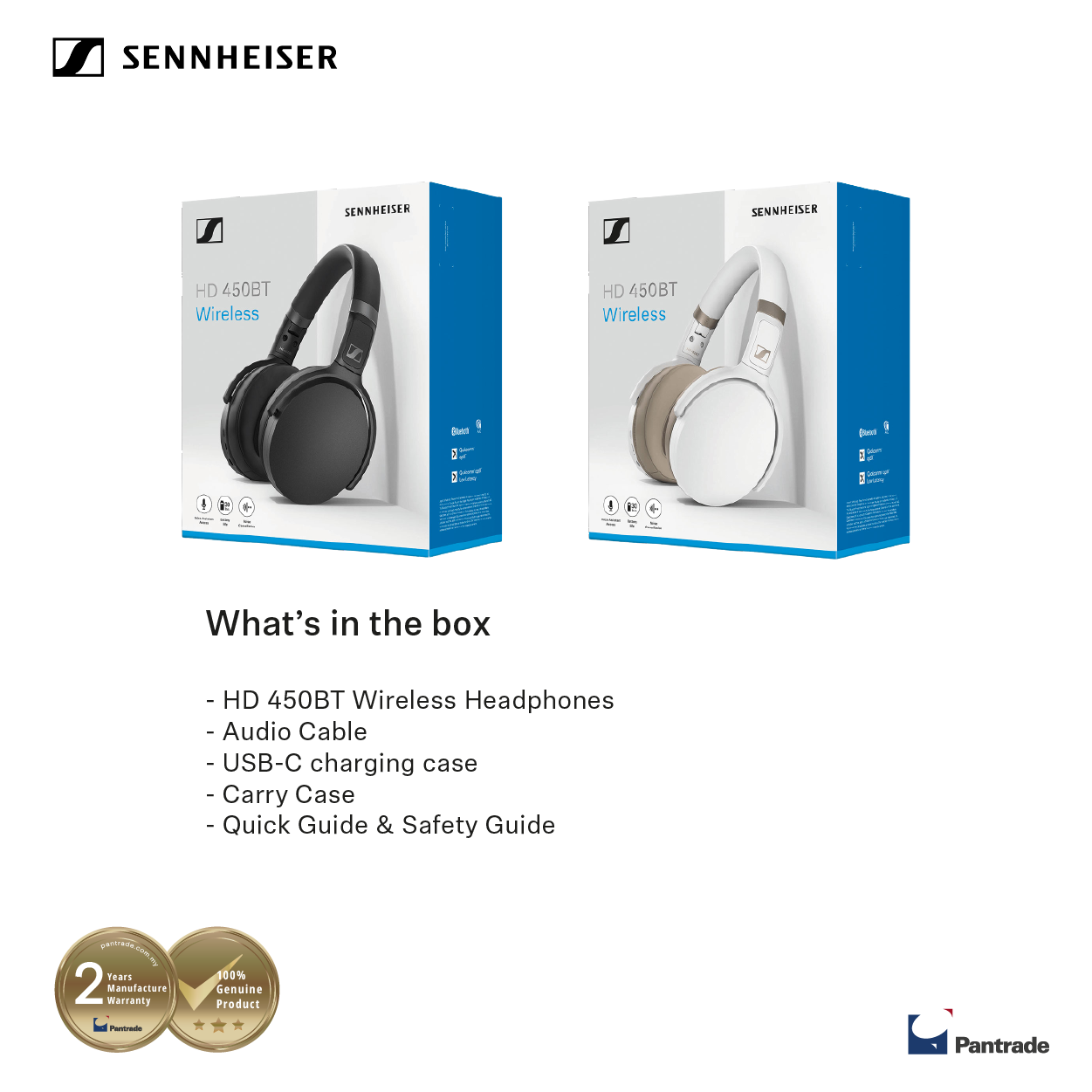 Sennheiser HD450BT Wireless Headphones ( Black / White )